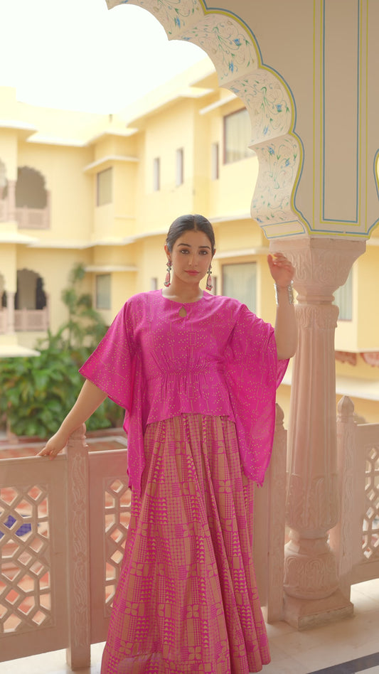 Viscose Gold foil Asymmetric Kaftan Pink Top