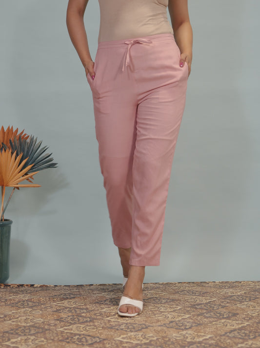 Soft Cotton Solid Pink Tapered Trousers