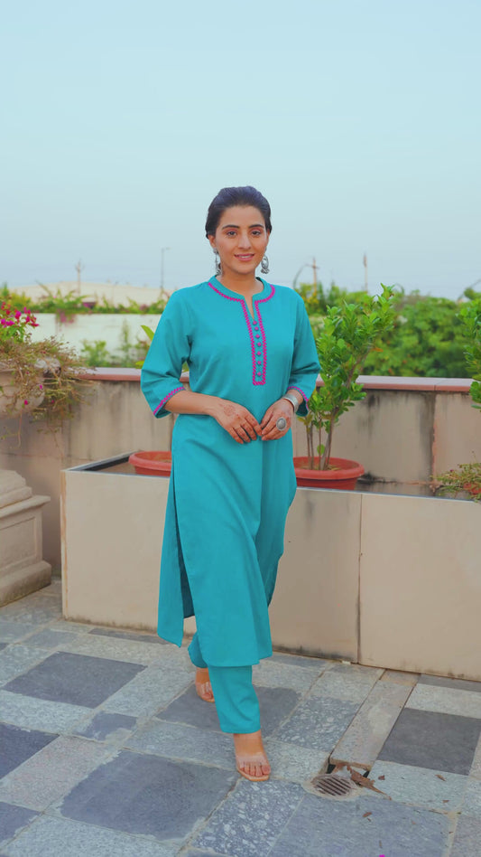 Embroidered Linen Cotton Solid Straight Teal Kurta