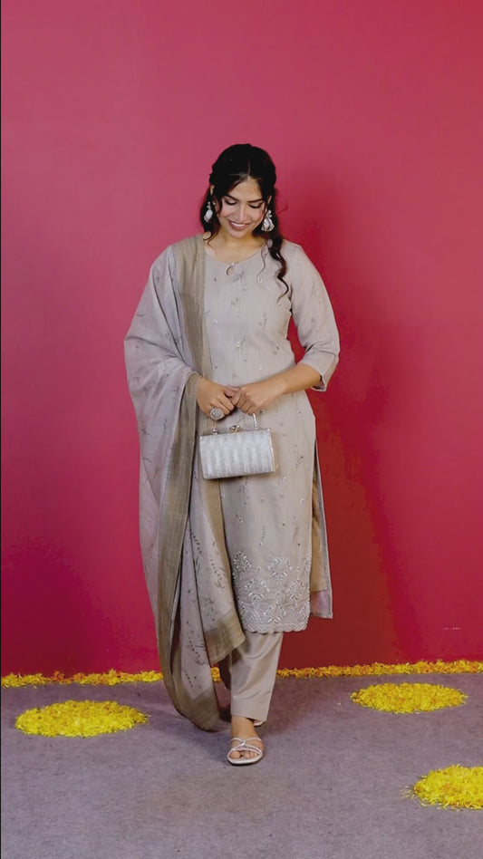 Embroidered Linen Cotton Floral Straight Beige Kurta