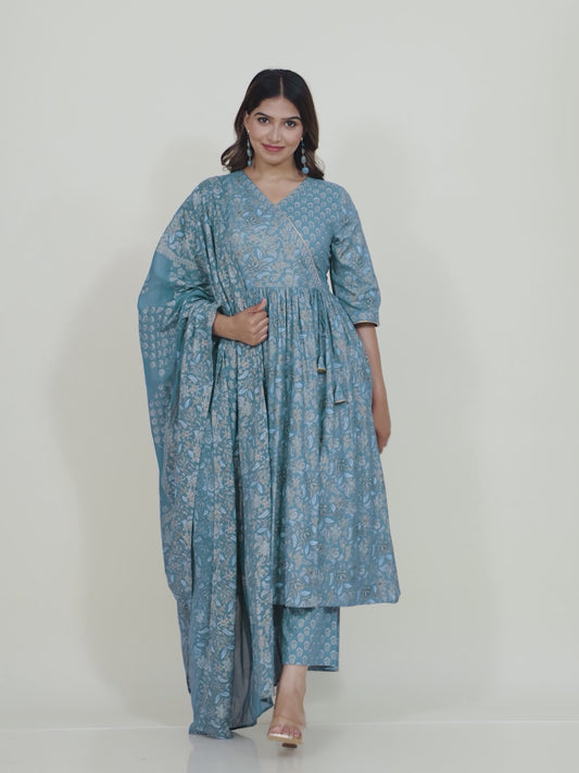 Embroidered Soft Cotton Gold foil Angrakha Teal Kurta