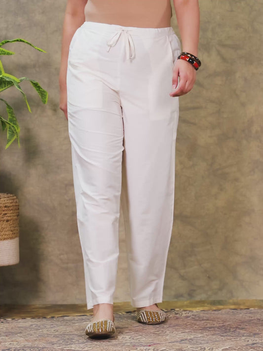 Poly Chanderi Solid Off White Straight Trousers
