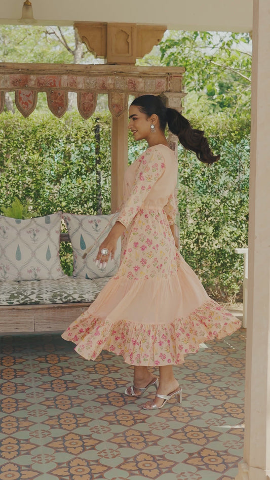 Embroidered Soft Cotton Floral Anarkali Peach Dress
