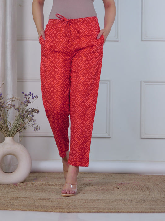 Soft Cotton Geometric Red Tapered Trousers