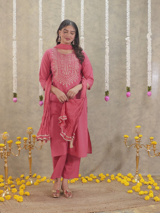 Embroidered Soft Cotton Solid Straight Red Kurta