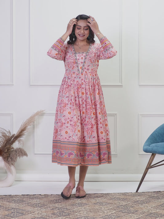 Soft Cotton Geometric Anarkali Peach Dress