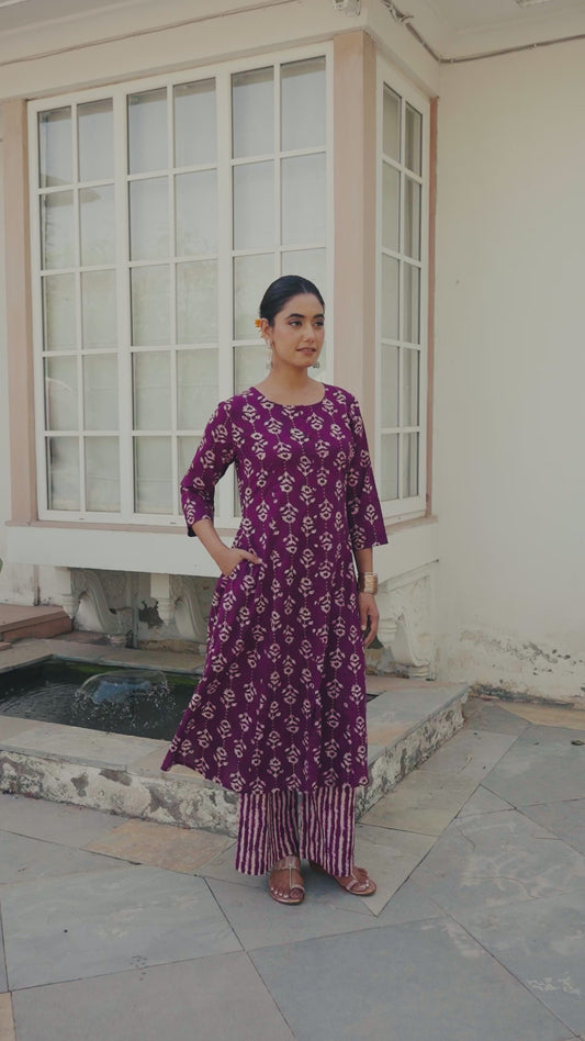 Soft Cotton Gold foil A-line Purple Kurta