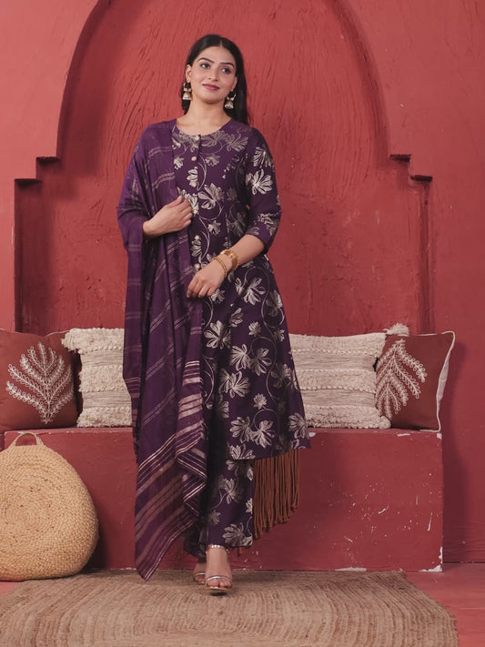 Chanderi Gold foil Flared Purple Kurta
