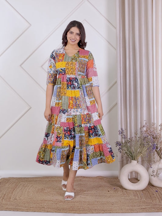 Soft Cotton Patchwork A-line Multicolor Dress