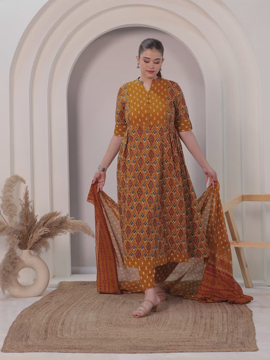 Embroidered Soft Cotton Ikat Flared Yellow Kurta