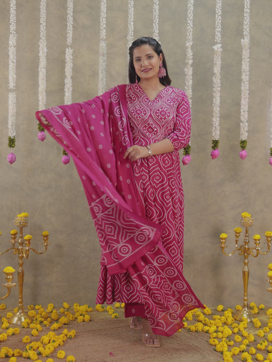 Embroidered Soft Cotton Bandhani Angrakha Pink Kurta