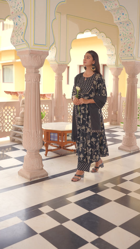 Embroidered Soft Cotton Floral Anarkali Black Kurta