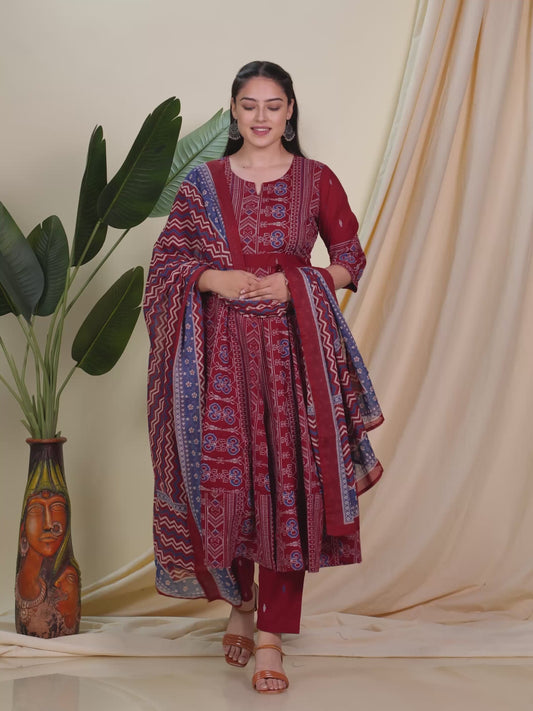Soft Cotton Ikat Anarkali Maroon Kurta