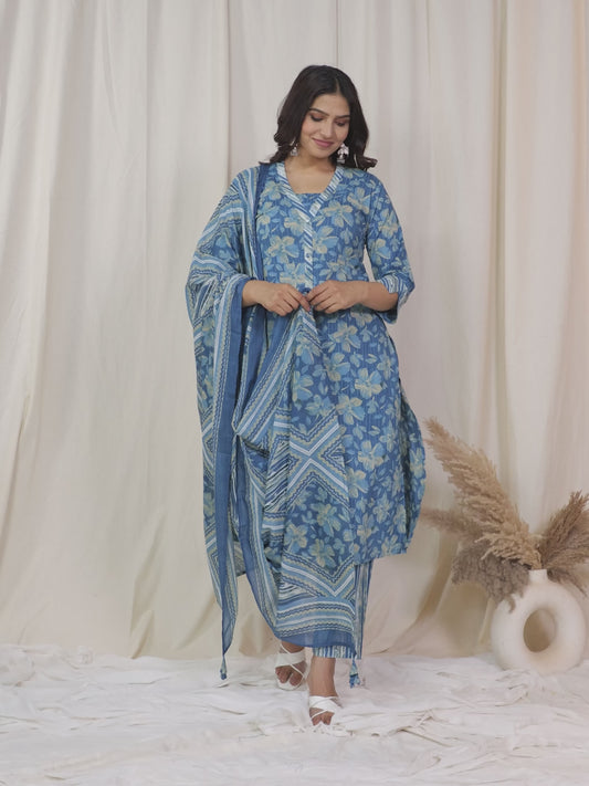 Soft Cotton Floral Straight Blue Kurta