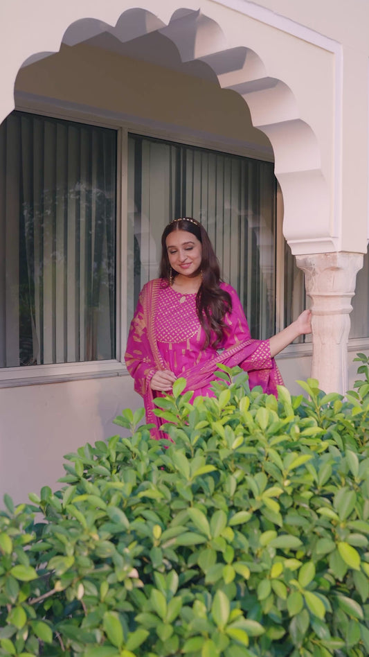 Viscose Gold foil Anarkali Pink Kurta