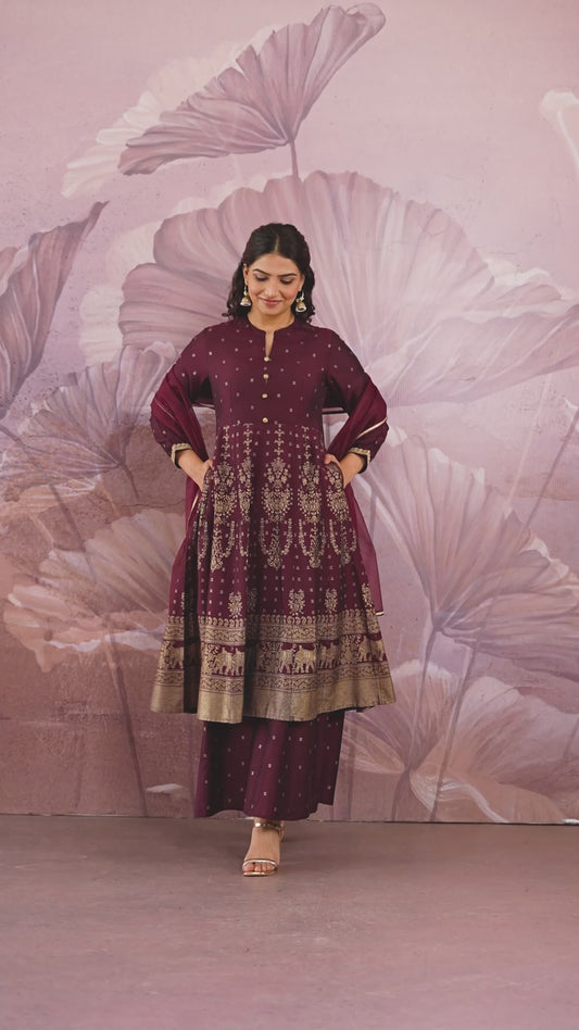 Chanderi Gold foil Anarkali Maroon Kurta