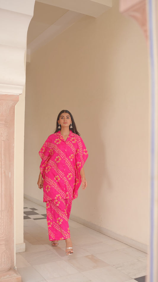 Soft Cotton Bandhani Kaftan Pink Kurta