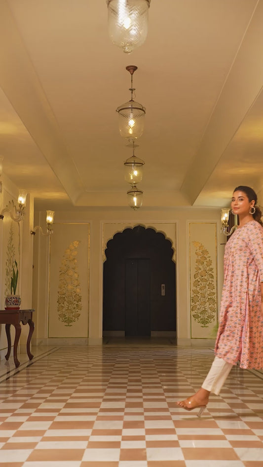 Viscose Gold foil A-line Baby Pink Kurta