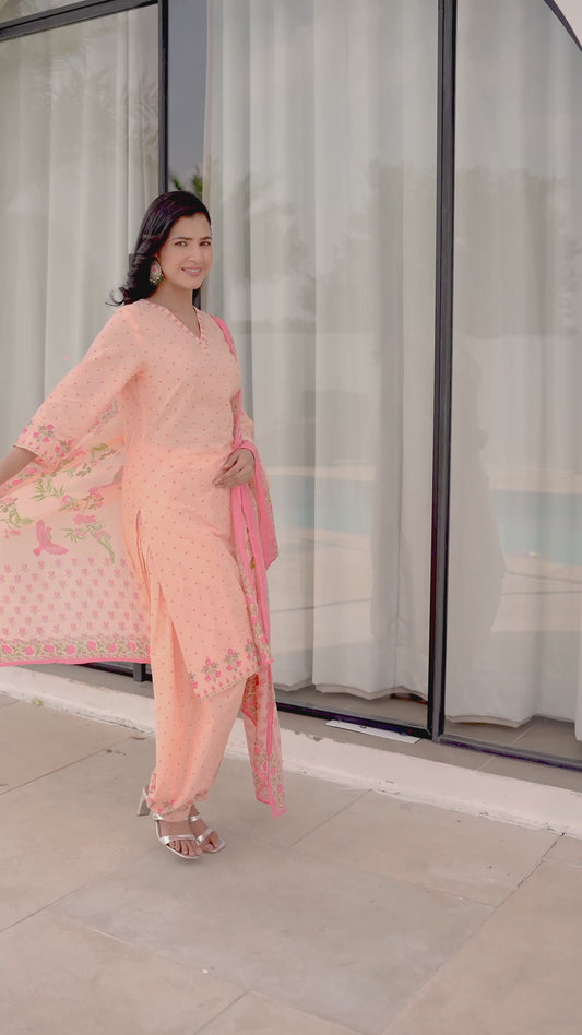 Soft Cotton Floral A-line Peach Kurta