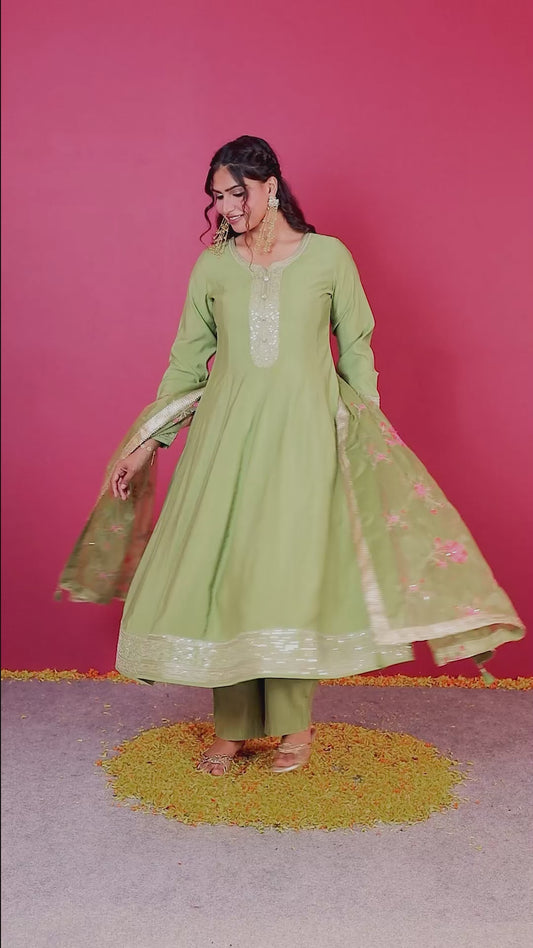 Embroidered Chanderi Solid Anarkali Green Kurta
