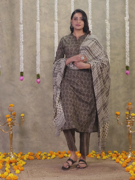 Soft Cotton Floral Straight Grey Kurta