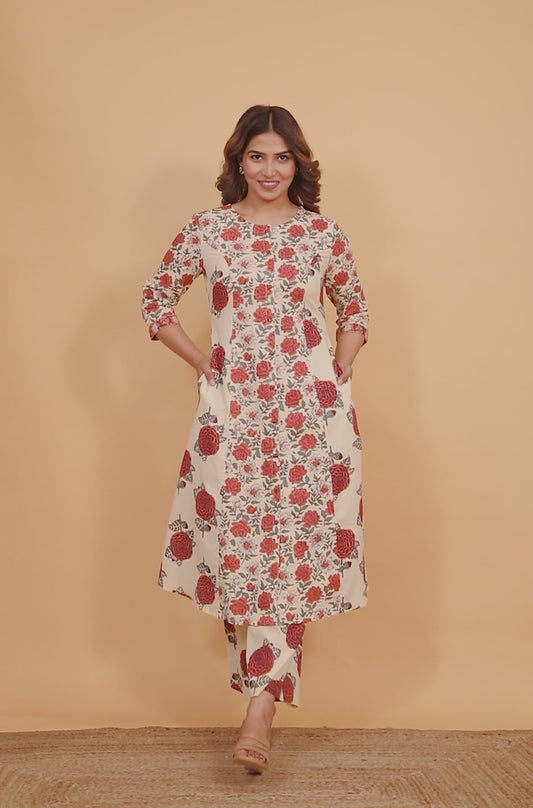 Soft Cotton Floral A-line Orange Kurta