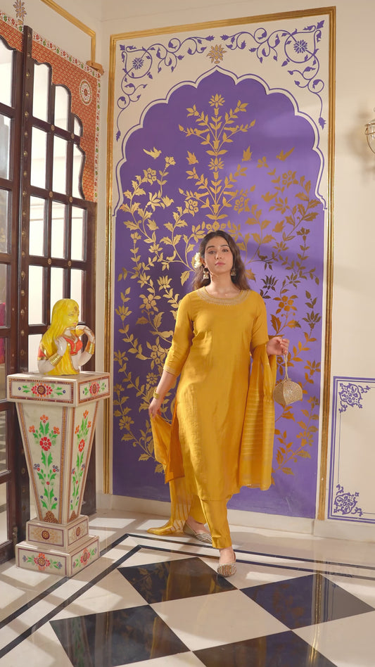 Embroidered Blended Silk Solid Straight Yellow Kurta