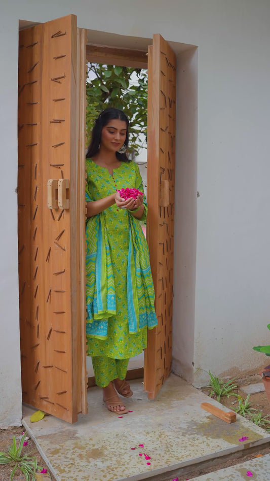 Soft Cotton Butti A-line Green Kurta