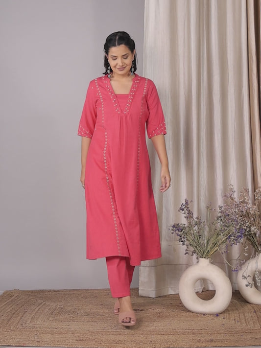 Embroidered Linen Cotton Solid A-line Pink Kurta