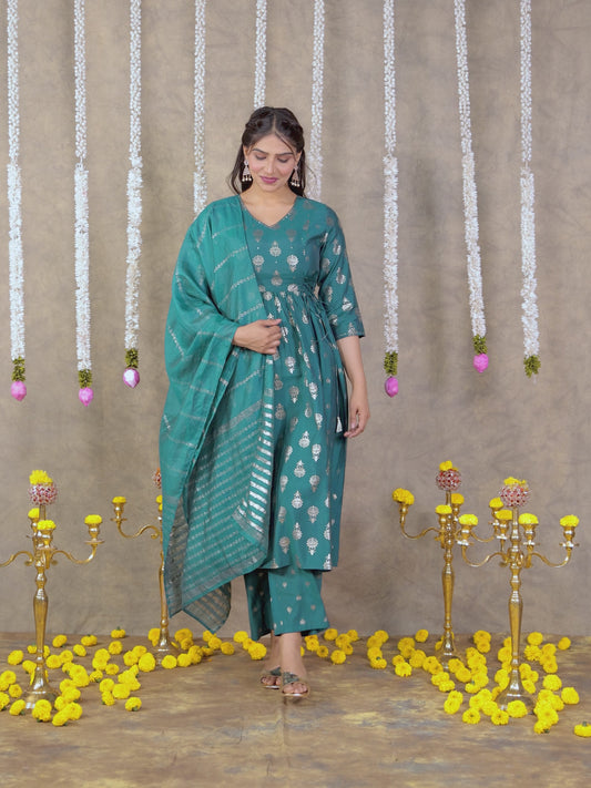 Embroidered Roman silk Gold foil Flared Teal Kurta