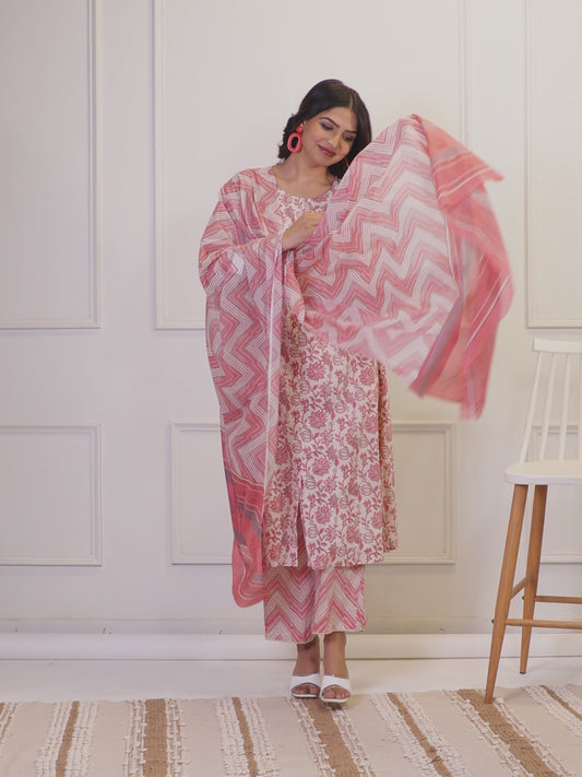 Soft Cotton Floral Flared Pink Kurta