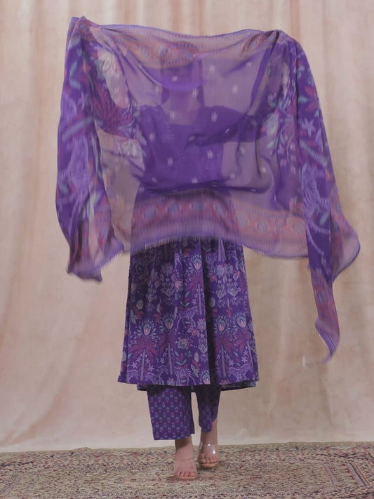 Embroidered Soft Cotton Floral Anarkali Purple Kurta