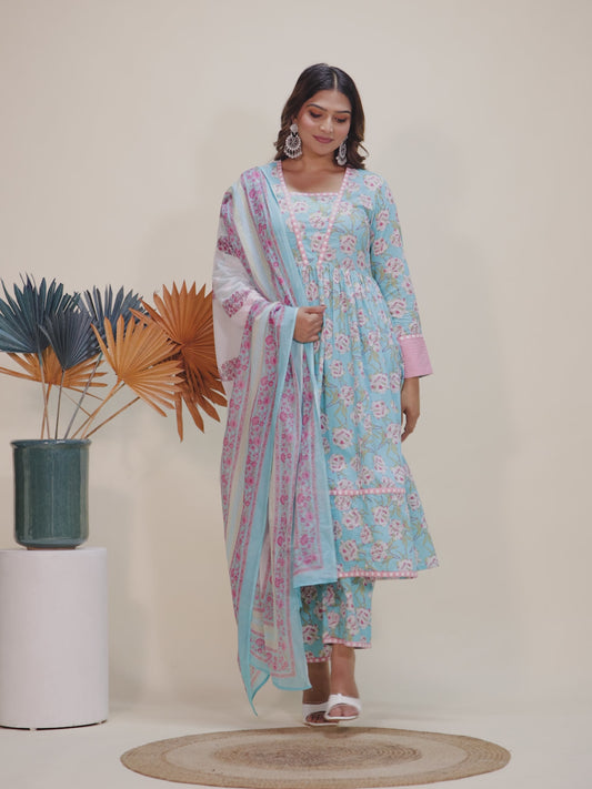 Embroidered Soft Cotton Floral Anarkali Turquoise Kurta