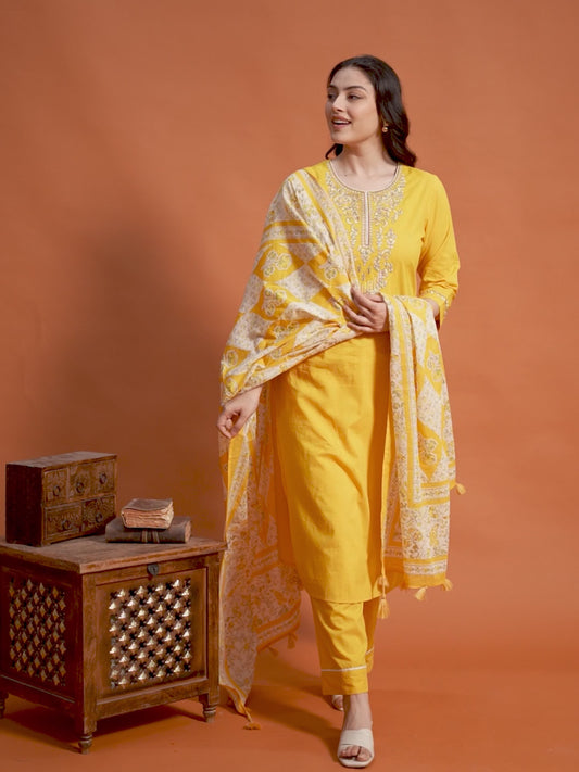 Embroidered Soft Cotton Solid Straight Yellow Kurta