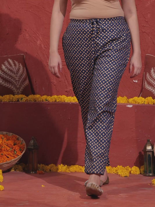 Viscose Gold foil Blue Straight Trousers