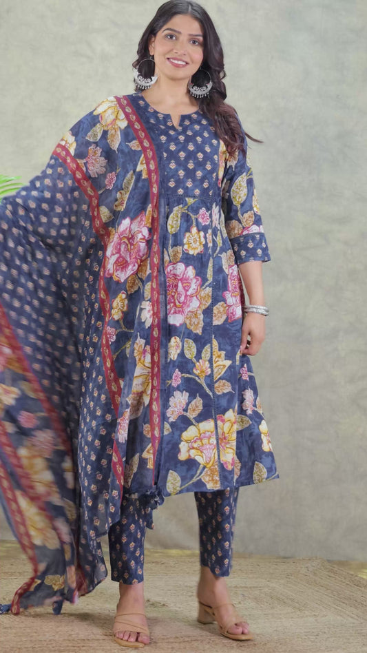 Soft Cotton Floral Flared Blue Kurta