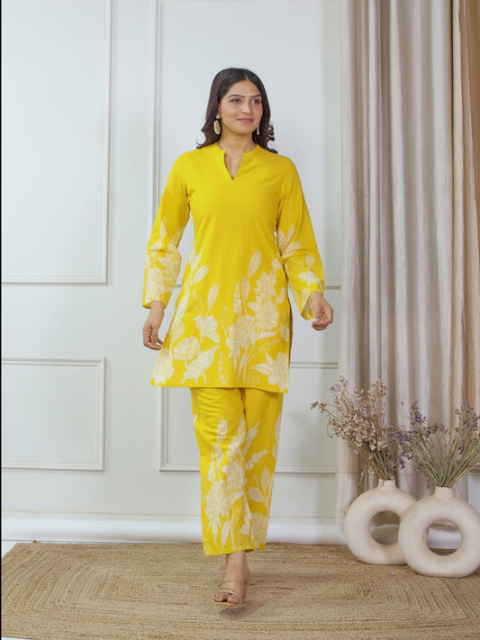Soft Cotton Placement Print Straight Yellow Kurta