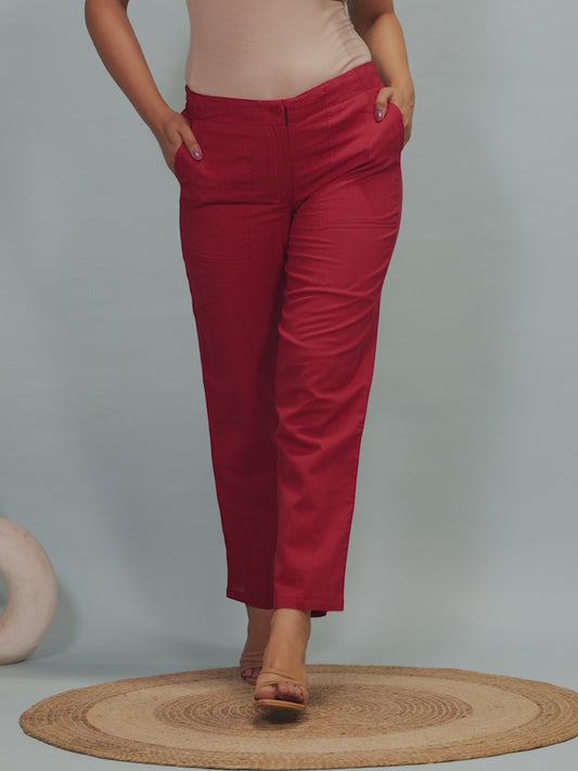 Natural Cotton Solid Red Tapered Trousers
