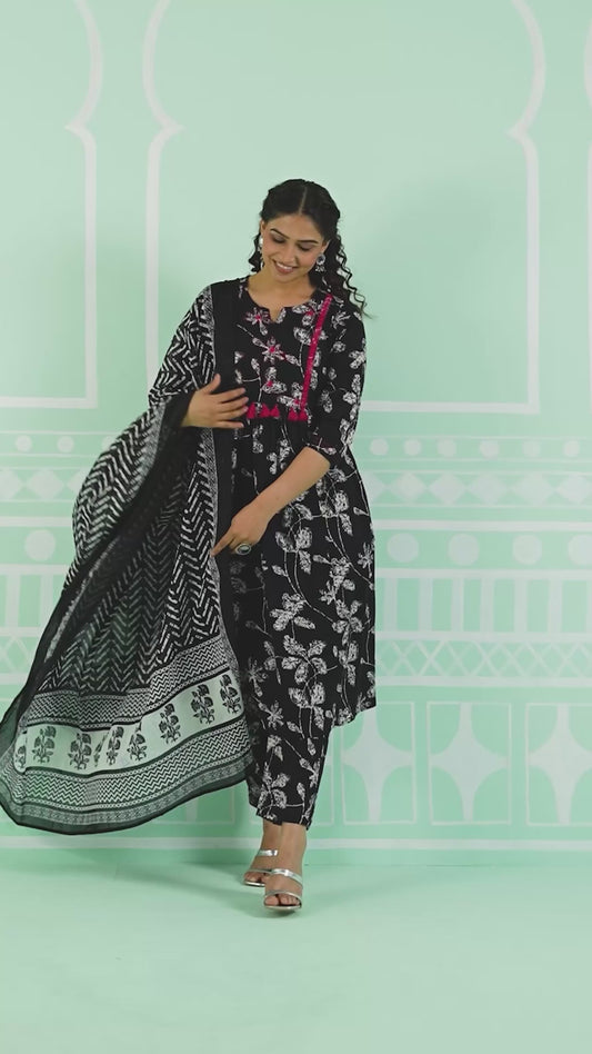 Embroidered Soft Cotton Floral Flared Black Kurta