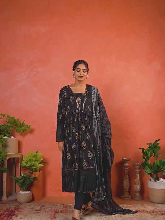 Soft Cotton Floral Anarkali Black Kurta