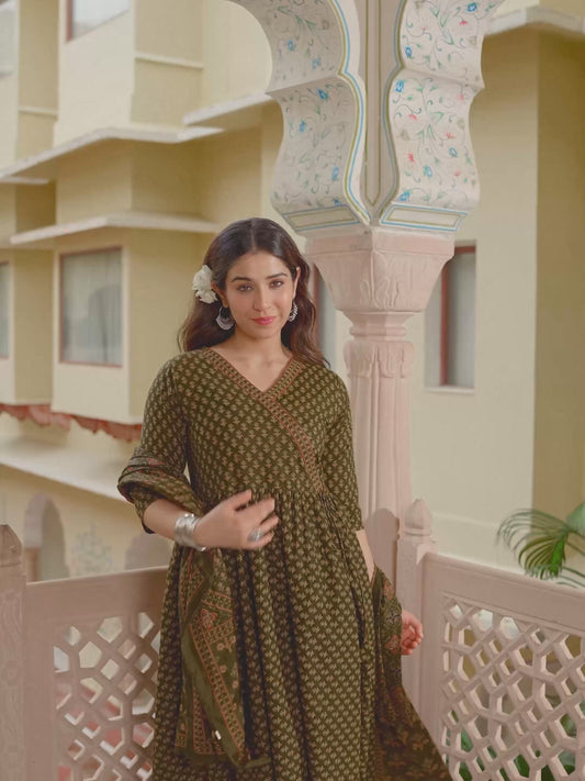 Soft Cotton Geometric Angrakha Green Kurta