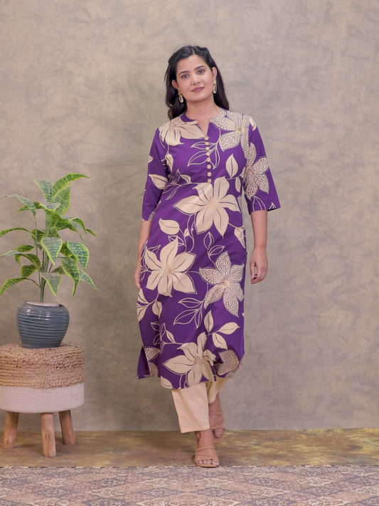 Soft Cotton Floral Straight Purple Kurta