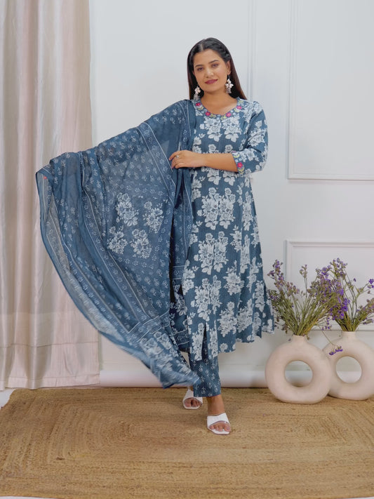 Embroidered Kantha Cotton Floral A-line Blue Kurta