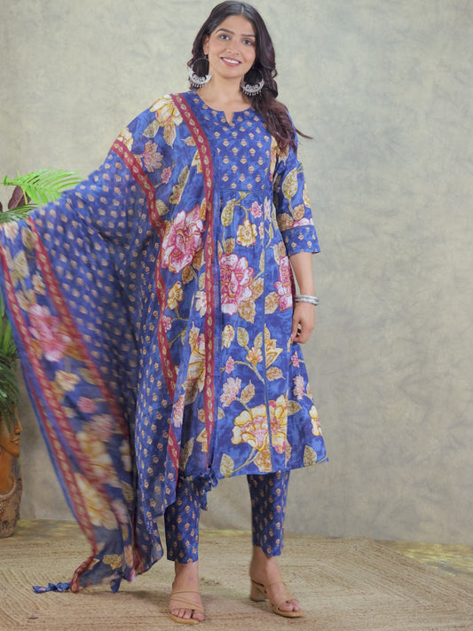 Soft Cotton Floral Panelled Blue Kurta