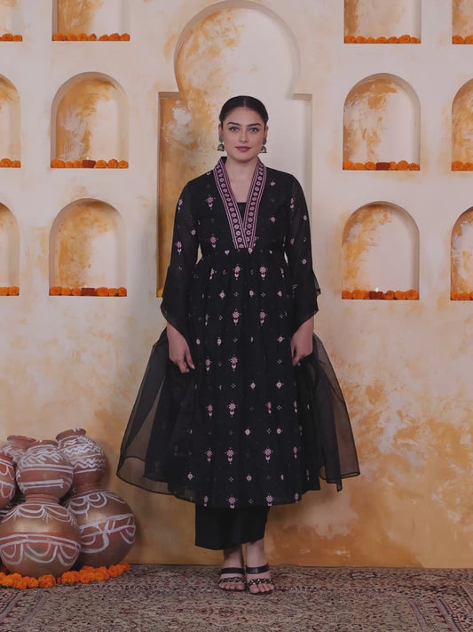 Poly Chanderi Geometric Anarkali Black Kurta