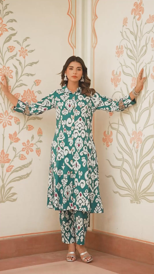Soft Cotton Ikat High Low Teal Kurta