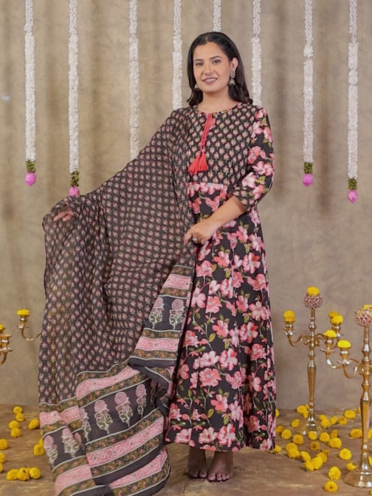 Soft Cotton Floral Flared Black Kurta