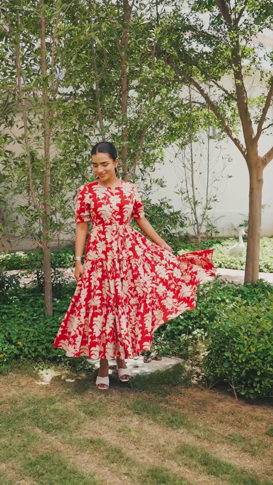 Soft cotton Floral Tiered Red Dress