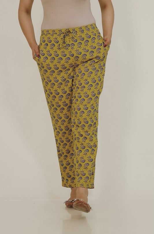 Viscose Floral Yellow Tapered Trousers