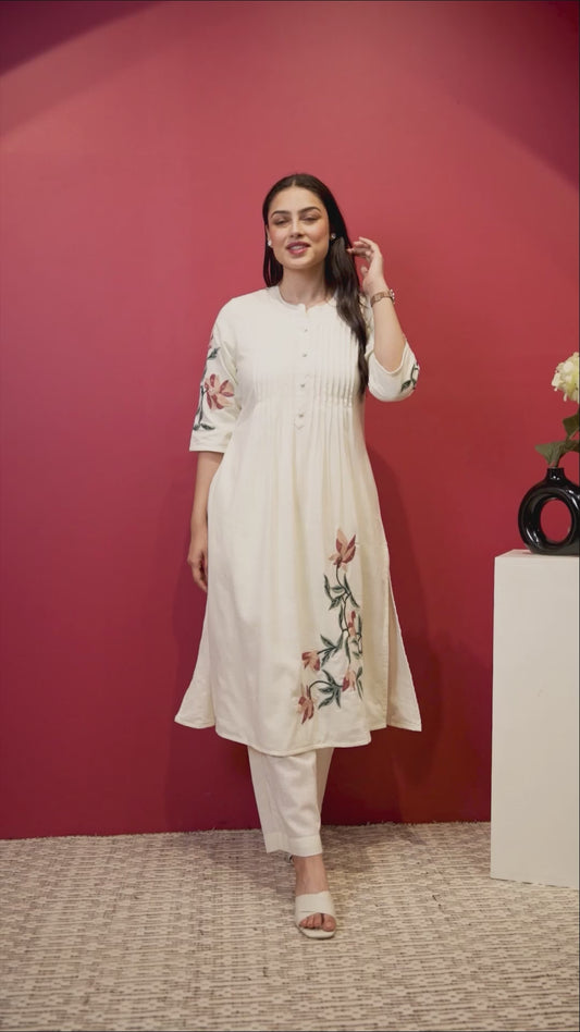 Embroidered Slub cotton Solid Straight Off White Kurta